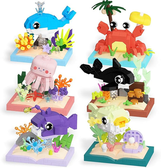 6 Packs Ocean Animals Building Blocks, Marine Life Building Set Toy, Mini Party Favors for Birthday Party Gifts，Goodie Bags Stuffers for Ages Boys Girls