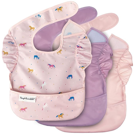 Tiny Twinkle Mess Proof Baby Bibs for Eating – Waterproof, Wipeable Toddler Bibs with Pocket – Baby Food Bibs for Girls & Boys(3 Pack,Unicorn Set)