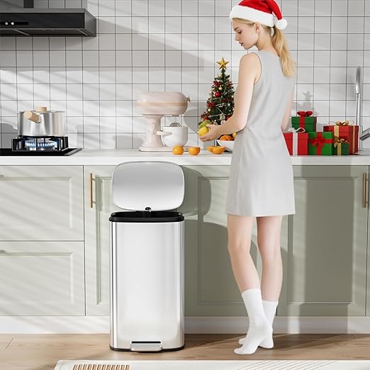 Arlopu 8 Gallon Step Trash Can, Stainless Steel Garbage Bin, Soft-Close Rubbish Bin with Removable Plastic Inner Bucket, Fingerprint-Proof, Lid Dustbin, Suit for Kitchen Home (Silver, 30L)