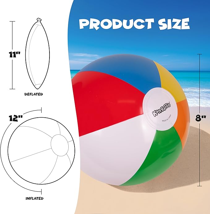 Kangaroo 12-Pack Inflatable Beach Balls Bulk for Kids & Adults I Inflatable Pool Party Favors Swimming Pool Toys I Kids Beach Toys for Beach Games