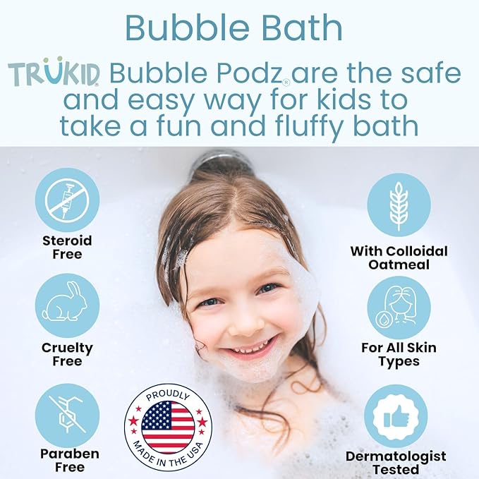 TruKid Bubble Podz Bubble Bath for Kids, Toddlers, & Babies, NEA-Accepted for Eczema, Gentle Refreshing Colloidal Oatmeal Bath Bomb for Sensitive Skin, pH Balanced, Tear Free, Unscented (24 Podz)