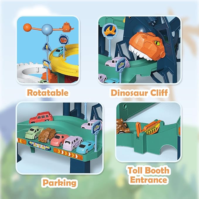 RedCrab Kids Space Car Playset Toy Ramp Track Set,Winding Highway Space Dinosaur Hill Toy,Light and Music Educational Toys for Age3+ Boys Girls with 4 Mini Cars & Map,Good Gift for Birthday Christmas