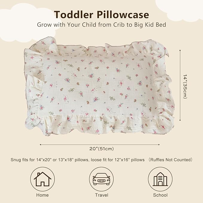 BuLuTu 2 Layers Muslin Cotton Toddler Pillowcase, 1 pc, 14"x20", Cute Pink Flower with Sheep Pattern Small Pillow Cases for Toddler Girls Boys Soft Breathable Pillow Covers, Envelope Closure