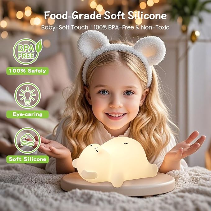 Sleepy Snoring Bear Night Light,Novelty Nursery Nightlight for Kids, Dimmable/Timer/Rechargeable USB-C, Food-Grade Silicone LED Squishy Animal Bedside Lamp,Funny Gifts for Boys Girls Baby,Room Decor