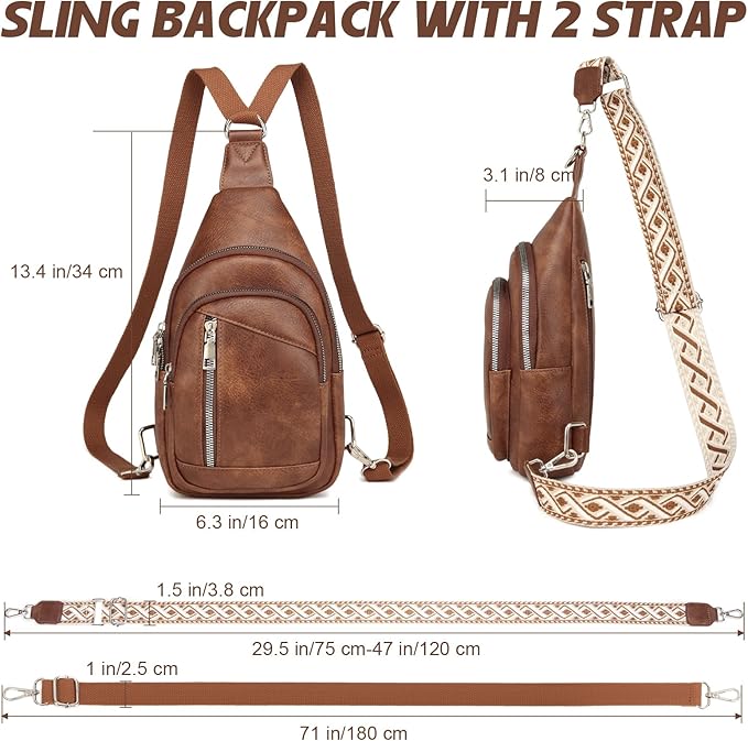 Sling Bag Crossbody Backpack - 2 in 1 Leather Cross Body Bag Fanny Pack with 2 Removable Straps