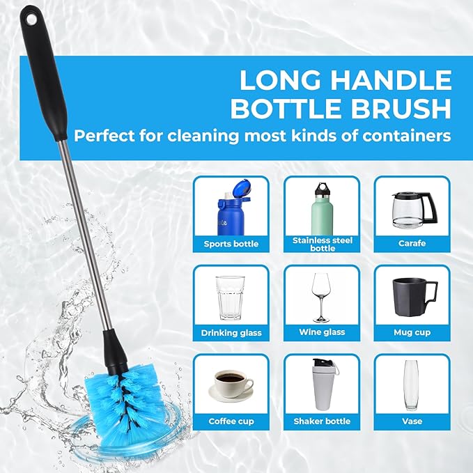 5 Pack Bottle Cleaner Brush, Straw Cleaner Brush & Long Handle - Water Bottle Brush for Narrow Bottles, Baby Bottles, Mugs, Flasks, Wine Decanters, Coffee Cups - Includes 3 Straw Cleaners