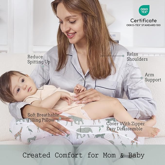 Little Grape Land Nursing Pillow, Soft 100% Cotton Breastfeeding Pillow with Breathable Muslin Removable Cover, Breast Feeding Pillows for Babies 0-12 Months with Protective Zipper, Safari