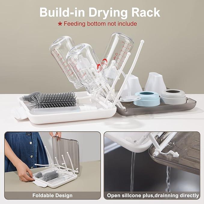 Baby Bottle Brush,6 in 1 Bottle Cleaner Set with Extendable Silicone Bottle Brush,Drying Rack,Nipple & Straw Brushes,Soap Dispenser & Organizer Case,Ideal Gifts for Babies& Moms