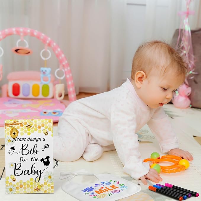 Newwiee 55 Pcs White Bibs for Baby Decorating Design a Bib Decorate Plain newborns Bibs Wooden Sign for Baby Shower Games Kit