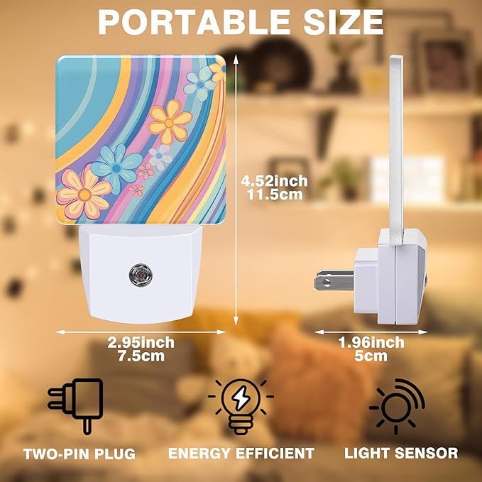 Night Light Retro Rainbow Wavy Floral Night Lights Plug into Wall Smart Dusk to Dawn Sensor 0.5W Energy Efficient Led Lamp for Men Women Bedroom Bathroom Hallway Stairway Decor
