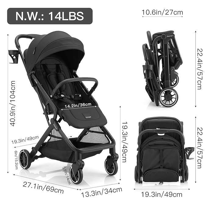 Compact Fold Baby Stroller, Lightweight Travel Toddler Stroller with One-Click Fold, Extendable UPF50+ Canopy, Cup Holder, UV Protected and Waterproof, One-Hand Folding - Black