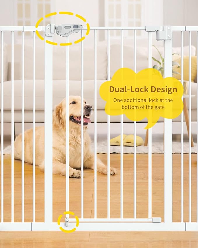 InnoTruth 29-39.6”Baby Gate for Stairs,36" Extra Tall Dog Gate for The House,Dual-Lock Safety and One Hand Opening Design,Kid Gate for Doorways,Kitchen,Room,Wall-Friendly Pressure Mounted, Pure White