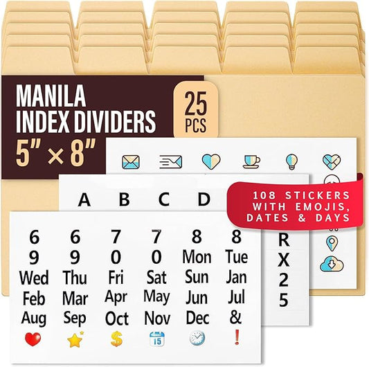 25 Heavyweight Manila Index Card Box Dividers with Tabs & 108 Stickers, Alphabetical File Dividers for 5x8 Index Card Box