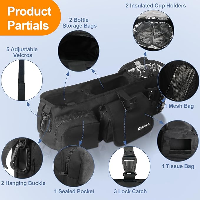 Double Stroller Organizer,Double Stroller Caddy for Bob Duallie and Baby Jogger City Mini GT2,Extra Large Double Baby Stroller Accessories with Cup Holder,Black(Empty Bag)