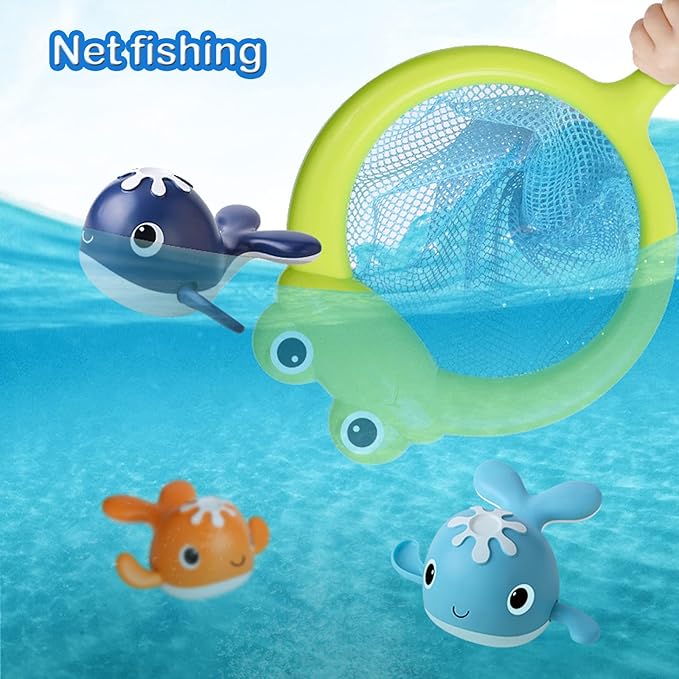Magnet Fishing Game Bath Baby Toy for 1-3 4-8 Year Old Toddler Boys Girls,Gifts for Kid,Baby Bathtub Water Shower Pool Toys 18 Months+,4 Swimming Wind-up Whale&1 Fishing Pole&1 Net