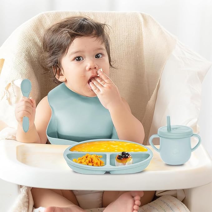 100% Silicone Baby Feeding Set,BPA Free Baby Dishes Set with Suction Bowl Divided Plate,Toddler Self Feeding Dish Set with Spoons Forks Sippy Cup and Bib, Baby Eating Utensils(Light Blue)