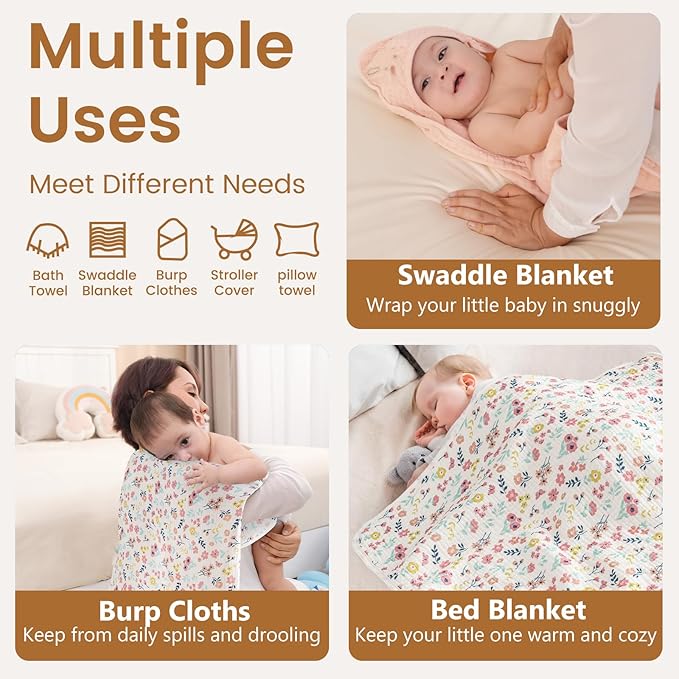 david's kids 2 Pack Hooded Baby Towels, Large 32"x32", 6 Layer 100% Muslin Cotton Absorbent Girl Bath Towel for Newborn, Infant and Toddler. Soft and Breathable Baby Essentials, Pink Floral&Rose