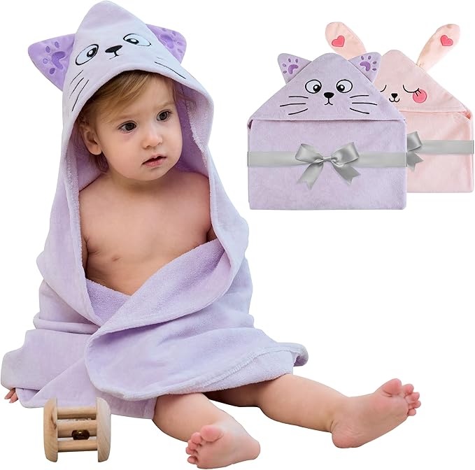 Viviland 2 Pack Hooded Baby Towels, Soft 100% Cotton Baby Bath Towels with Hood, Extra Thick and Absorbent, Essential for Newborns, Kids, Infants - Girls and Boys (Cat & Rabbit)