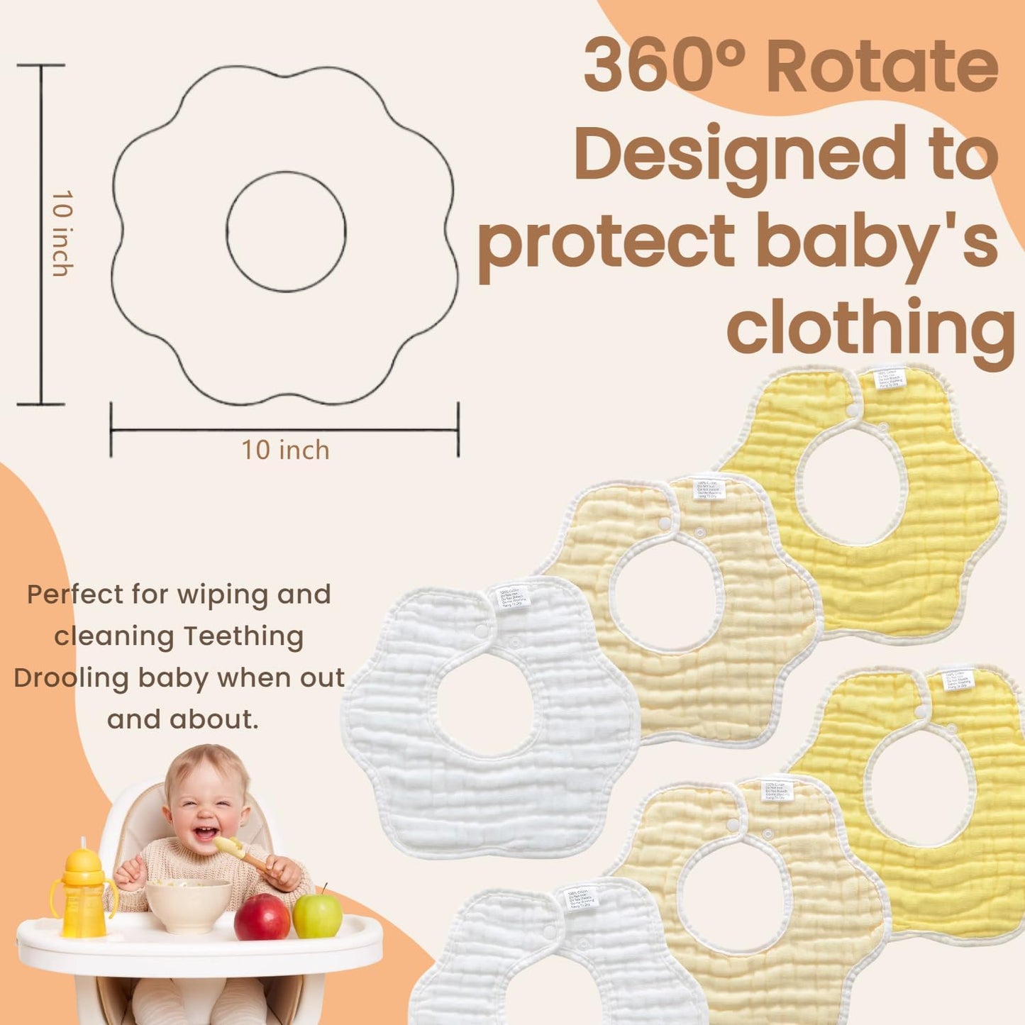 MUKIN Baby Drooling Towel, Snap Bibs, Muslin Bibs, 6 Pack, Adjustable, Soft Cotton