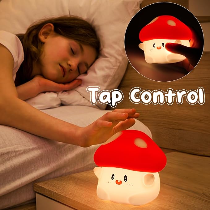 Mushroom Night Light Lamp Silicone Squishy Cute Nursery Nightlight Rechargeable Bedside Lamp with Timer & Tap Control, Christmas Gift