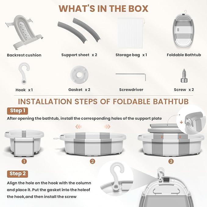 Collapsible Baby Bathtub, Baby Tubs for Newborns with Soft Cushion & Thermometer & Toy Organizer Mesh Bag, Infant Bathtub to Toddler 0-36 Months, Portable Travel Newborn Baby Bathtubs (Grey)