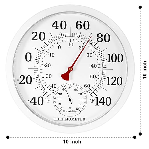 10.5 Inch Indoor Outdoor Thermometer Large Numbers - Weather Thermometer Hygrometer Waterproof, No Battery Needed Outdoor Thermometers for Patio, Home, Garden Decoration (White)