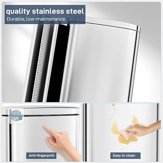 Arlopu 13.2 Gallon Step Trash Can, Stainless Steel Garbage Bin, Soft-Close Rubbish Bin with Removable Plastic Inner Bucket, Fingerprint-Proof, Lid Dustbin, Suit for Kitchen Home (Silver, 50L)