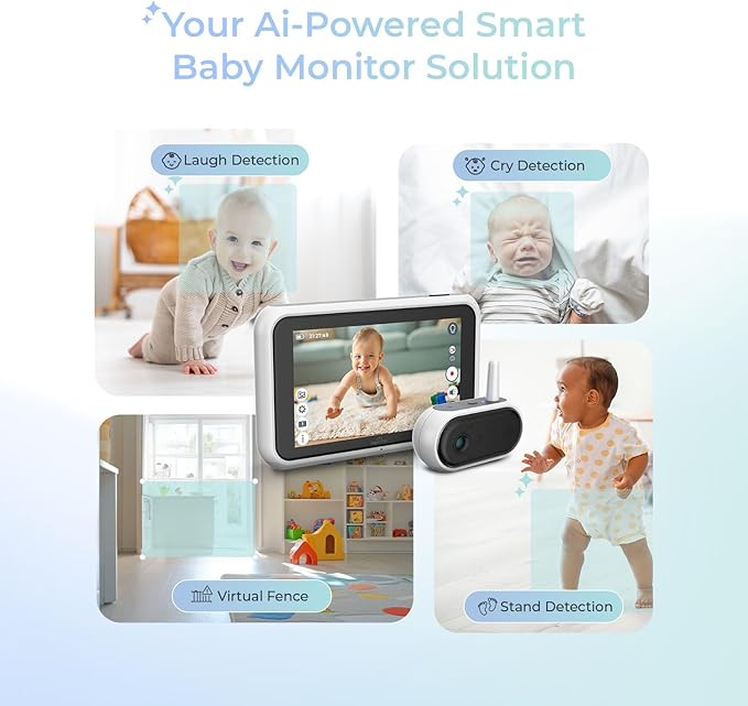 Tiny Traveler Ai Smart Wireless Baby Car Monitor (TT006W) - AI-Powered Safety Alerts: Cry/Laugh/Stand Detection, Virtual Fence, Long Range 1000ft Night Vision Lullabies Night Light - White