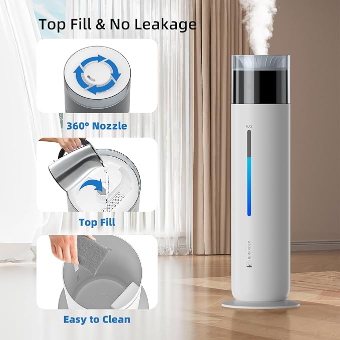 10L/2.6Gal Smart Humidifiers for Bedroom Large Room up to 600ft², 100H Runtime Cool Mist Top Fill, Ultra Quiet 30dB, Auto Control, Essential Oil Tray, Perfect for Bedroom, Office, Baby, White