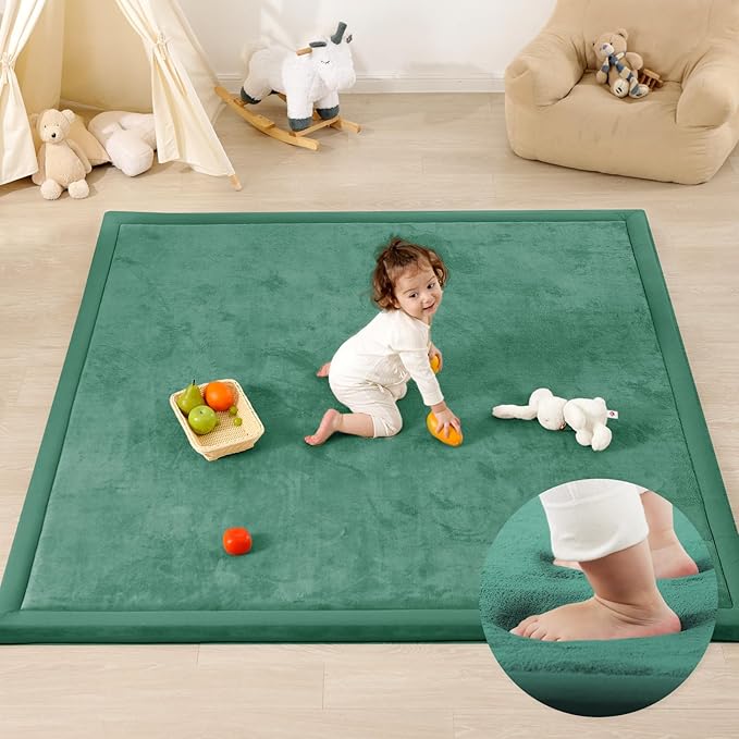 1.3" Thick Baby Play Mat for Floor, 79x79 Large Foam Tummy Time Mat, Padded Support Soft Plush Nursery Rug for Infant Kids Toddler Crawling Kick Activity (Emerald)