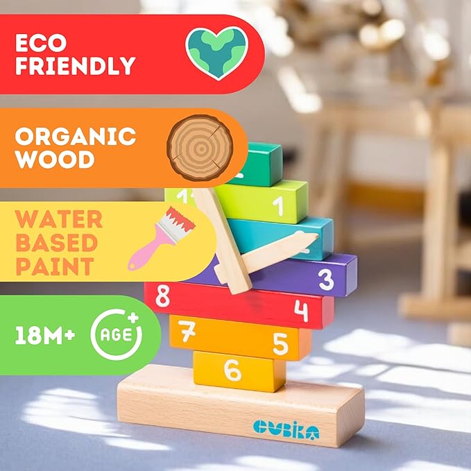 CUBIKA Wooden Clock Construction Kit – Montessori Stacking Toy for Toddlers Ages 3+ – Made from Natural Wood with Water-Based Paints – Travel-Friendly Educational Gift for Boys & Girls