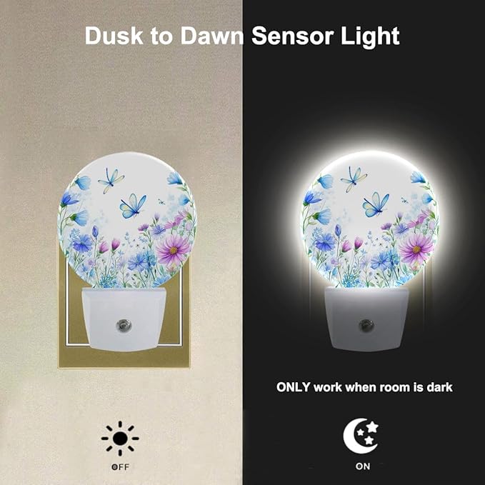 EKOBLA Floral Butterfly Plug-in Nightlights Wildflowers & Butterflies Spring Garden Night Light with Auto Sensor LED Lighting for Kitchen Bedroom Bathroom Home Decor