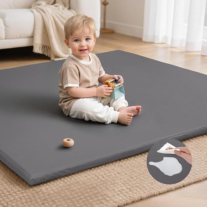Baby Play Mat for Floor,50x50 Playpen Mat,Non-Slip Leather&Thick Foam Floor Cushion,Removable Waterproof Cover,Easy Care for Baby Crawling,Toddler,Kids,Tummy Time（Grey)