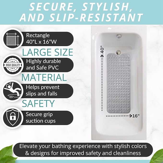 ENKOSI Large Non Slip Bathtub & Shower Mat - Extra Long 40 x 16 Inch, Anti Slip Bathmats for Bathroom Tub (40x16 Grey 1-Pack)