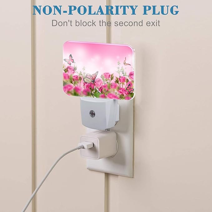 Beautiful Pink Roses Plug in Night Lights, Pink Butterfly Nightlight Plug Into Wall Dusk to Dawn Sensor for Kid Girls Boys Women Men Room, Hallway, Kitchen, Bathroom, Stairs Decor
