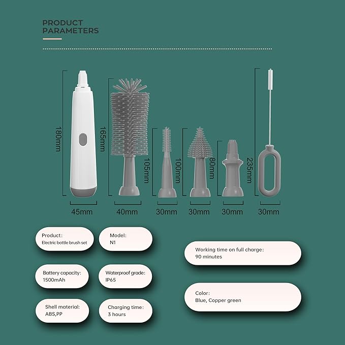 Electric Bottle Brush Set with Baby Bottle Brush 4-Piece,Bottle Brush,Nipple Brush,Straw Brush and Extension Handle,USB Rechargeable,Gift for Pregnant Women and New Moms (Grey)