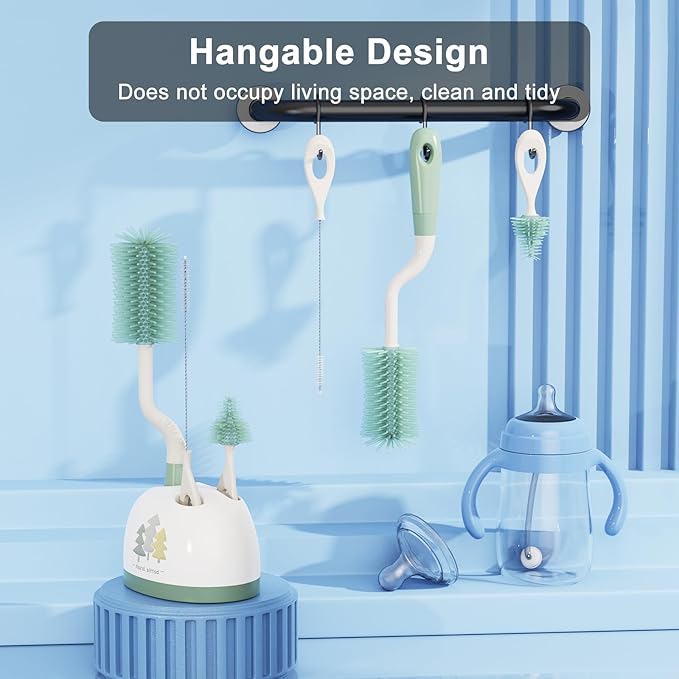 Silicone Bottle Brush Set with Stand, Bottle Cleaning Brush Cleaner Set, Long Handle 3 in 1 Multipurpose Silicone Baby Bottle Straw Cleaner Brush (Sage Green)