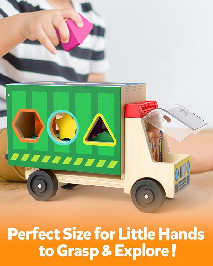 Coogam Montessori Sorting Toys for Toddles, Wooden Color Shape Sorter Truck Toy with 2 Play Figures - Fine Motor Educational Learning Gift Toy for Kids 2 3 4 Year Old