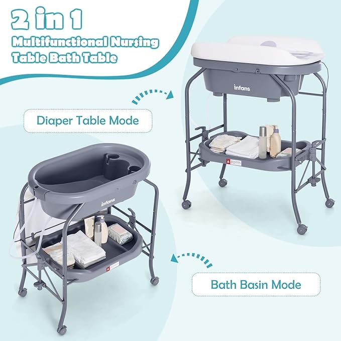 INFANS 2 in 1 Baby Changing Table with Bath Tub Unit, Folding Diaper Dresser Station with Wheels Waterproof Pad Storage Rack, Portable Nursery Organizer Stand for Newborn Infant