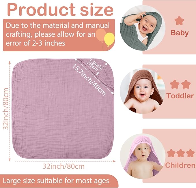 Peryiter 6 Pcs Muslin Hooded Baby Towels, 32"x 32" Cotton Newborn Bath Towel Muslin Infant Baby Blankets Absorbent Unisex Newborn Registry Gift Essentials for Girls Boys (Green and Pink Series)