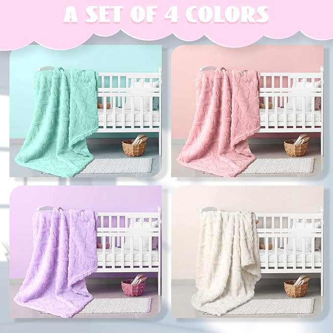 VitalCozy 4 Pcs Fluffy Baby Blanket Fleece 30" x 40" 3D for Boys Nursery Little Girl Infant or Newborn Receiving Swaddling Blankets(Light Color)