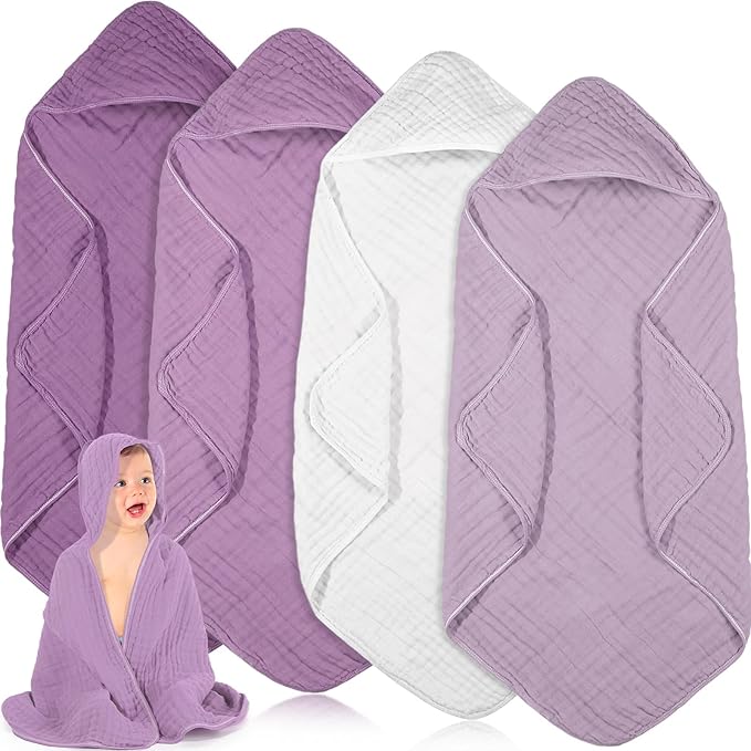 Peryiter 4 Pcs Muslin Hooded Baby Towels, 32"x 32" Cotton Newborn Bath Towel Muslin Infant Baby Blankets Absorbent Unisex Christmas Registry Gift Essentials for Girls Boys (Purple Series)