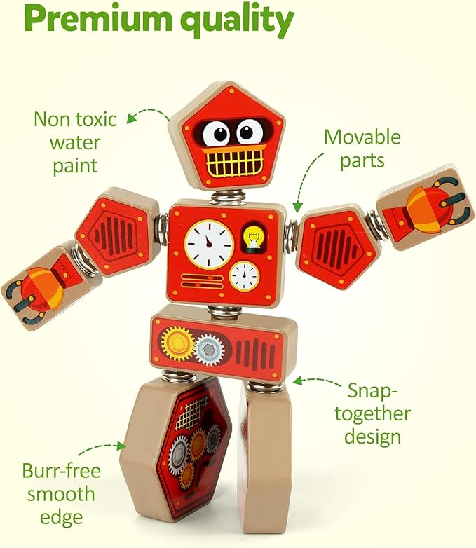 Coogam Snap Together Robot Builders for Toddlers, Wooden Take Apart Robot Build Block Playset, Fine Motor Skill STEM Educational Montessori Toy Gift for 3 4 5 Years Old Kids