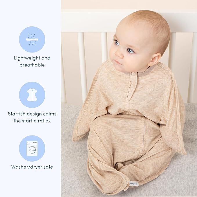 SleepingBaby Zipadee-Zip Transition Swaddle - Cozy Baby Swaddling Blanket with Zipper Convenience - Roomy Wearable Blanket for Easy Diaper Changes - 3-6 Month - Balanced Beige Heather