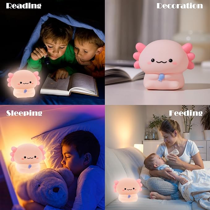 Axolotl Cute Cartoon Nursery Night Lights, Animal Design Safe Silicone Soft LED Nursery Lamp for Toddler Room Decoration
