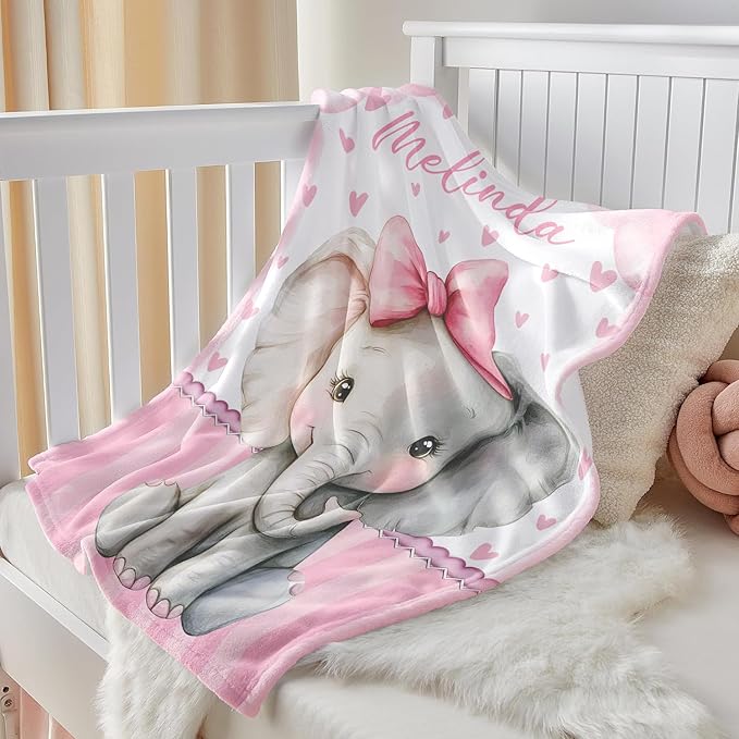 Personalized Baby Blanket for Girls, Custom Baby Blanket with Name, Soft Cozy Personalized Name Blankets for Kids, Customized Elephant Blanket for Infant Toddler Birthday Christmas
