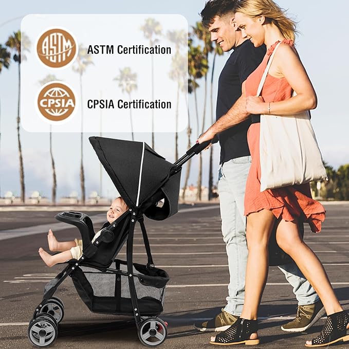 Baby Joy Lightweight Stroller, Compact Toddler Travel Stroller for Airplane, Infant Stroller w/Adjustable Backrest/Footrest/Canopy, 5-Point Harness, Storage Basket, Easy One-Hand Fold, Black