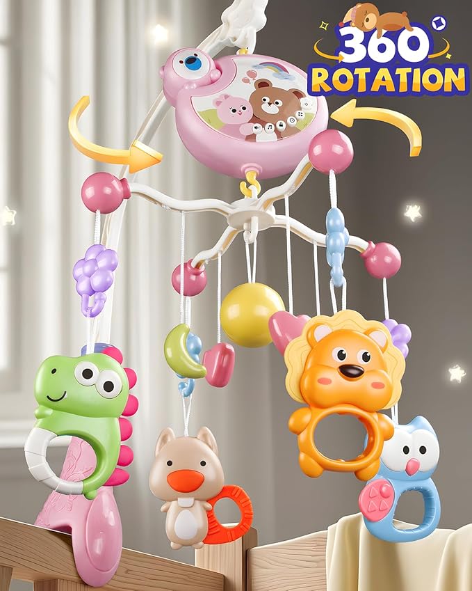 Crib Mobile With Music And Lights, Mobiles For Cribs, Baby Mobile Arm Toys Hanging For Bassinets Girls Boys, Nursery Musical Space Portable Infant Mobiles Clip On Pack And Play Hanger 0-6 Months