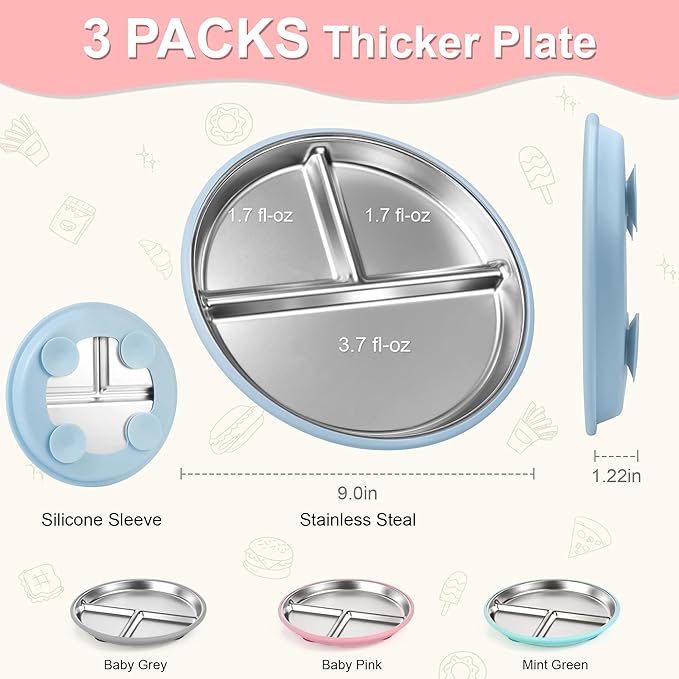 Bella's Friends Stainless Steel Toddler Plates Silicone Suction,3 Packs Non-Slip Baby Plates,Divided Portion,Food-Grade Silicone Plate for Kids,LEAD-FREE Dishwasher Safe,Grey Green Pink
