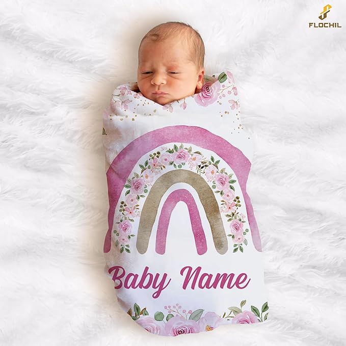 FLOCHIL Personalized Baby Blanket for Girls, Custom Baby Blanket with Name, Customized Baby Products, Gift for Baby, Newborn, Baby Shower (Rainbow)